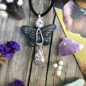 Handmade Labradorite Butterfly Necklace with Rose Quartz Briolette Charm